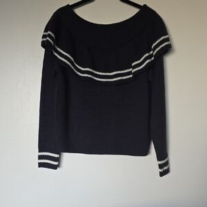 Blue Blush Off-the-Shoulder Black Sweater with White Stripes